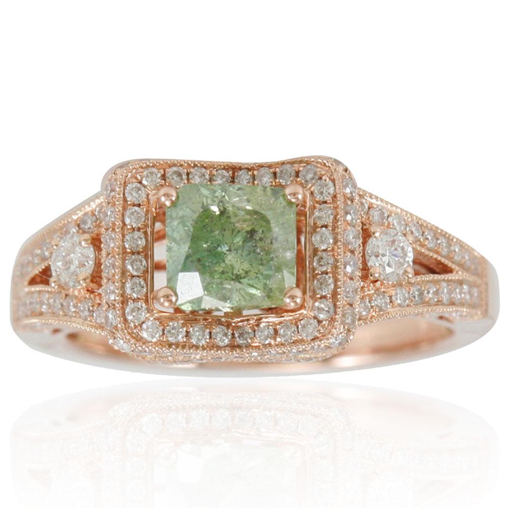 This stunning, one-of-a-kind ring from the Suzy Levian Limited Edition collection features a gorgeous Asscher-cut, mint green diamond (1.09ct) center stone with an array of white diamond (.72cttw) accents, handset in a 14k rose gold setting. French