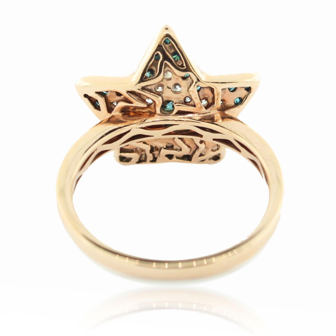 Contemporary Suzy Levian 14K Rose Gold Blue and White Diamond Star Ring For Sale