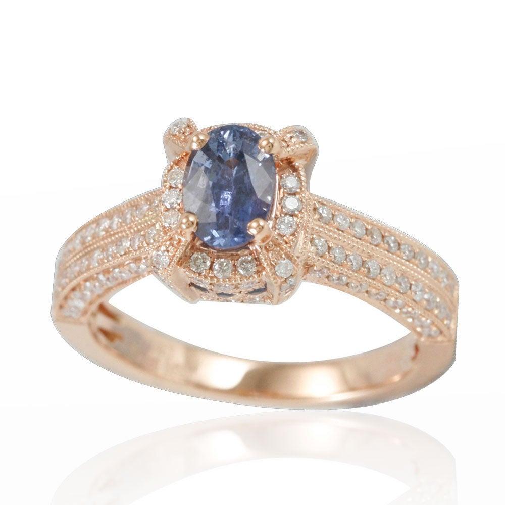 Art Deco Suzy Levian 14 Karat Rose Gold Ceylon Sapphire and White Diamonds Ring For Sale