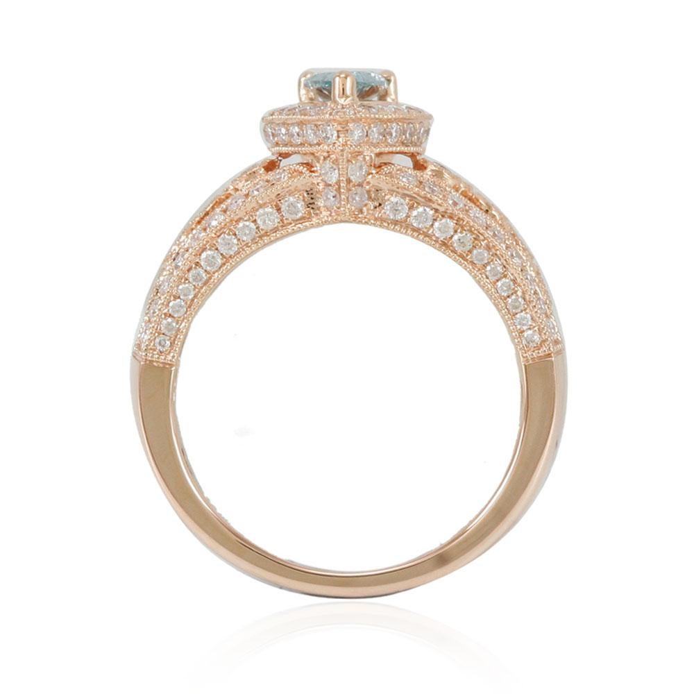 Contemporary Suzy Levian 14 Karat Rose Gold Light Blue Pear-Cut and White Diamond Ring