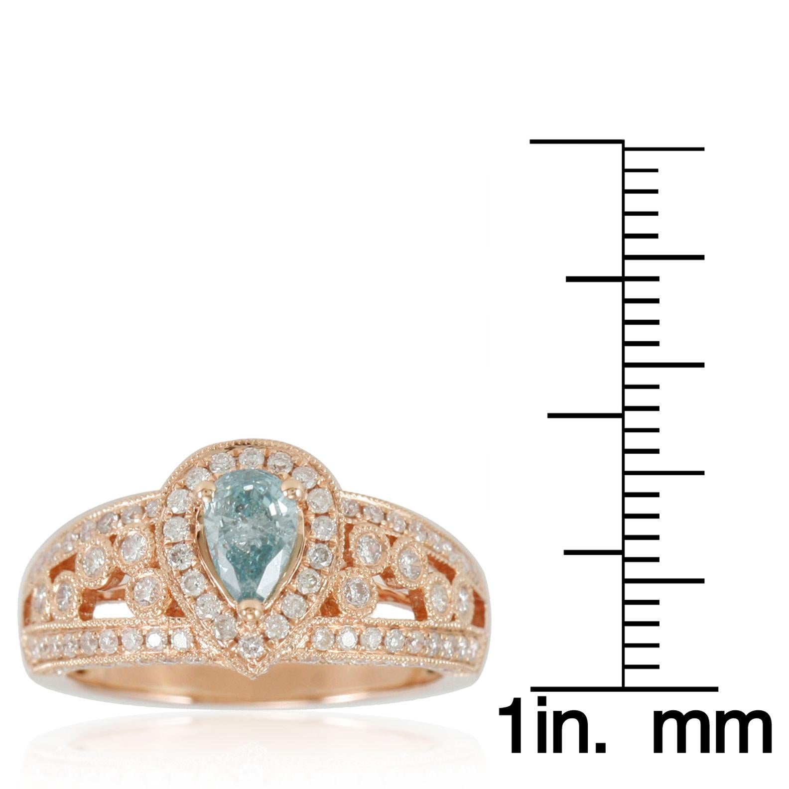 Suzy Levian 14 Karat Rose Gold Light Blue Pear-Cut and White Diamond Ring In New Condition In Great Neck, NY