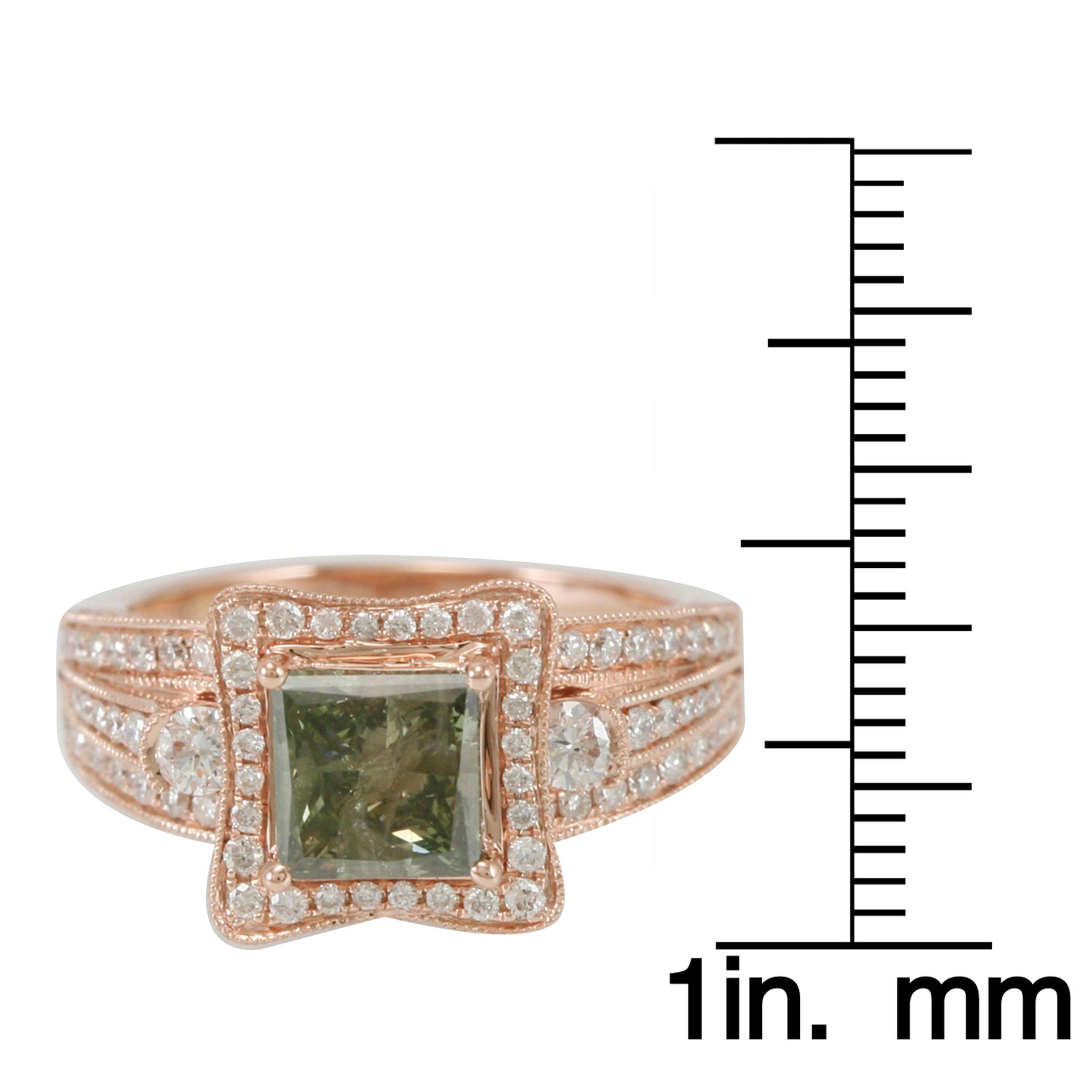 Taglio princess Suzy Levian, anello nuziale in oro rosa 14 carati con diamanti verdi e bianchi taglio principessa in vendita