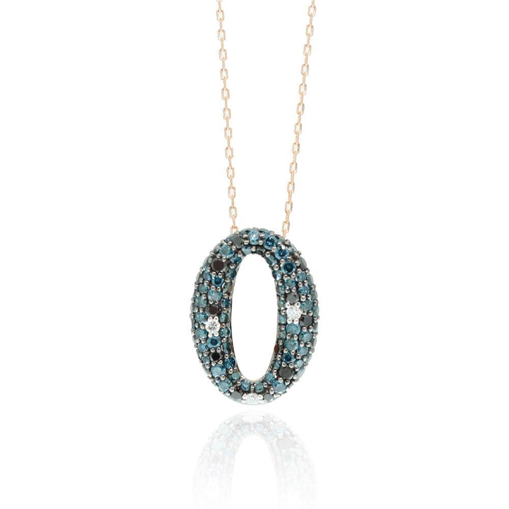 This spectacular pendant from the Suzy Levian Limited edition collection features a pave array of colored diamonds in a 14k rose gold oval setting. An array of side white (H, SI2), blue and black diamonds (1.94cttw) accents the perfect rose gold