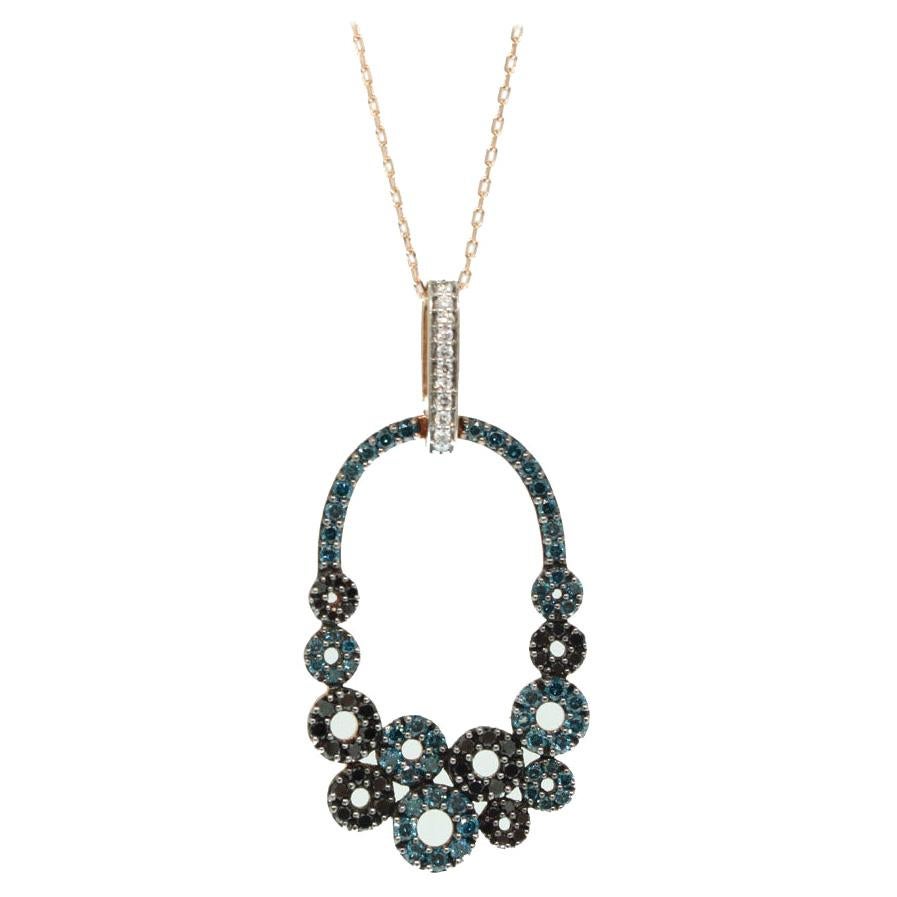 Suzy Levian 14K Rose Gold Round Blue, Black and White Diamond Pendant For Sale