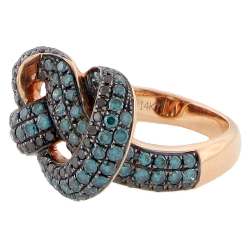 This spectacular love knot ring from the Suzy Levian Limited Edition collection embraces the beauty of a women expressed through her jewelry. This ring features an array of blue and black diamonds (1.80cttw), set in a 14k rose gold ring. The