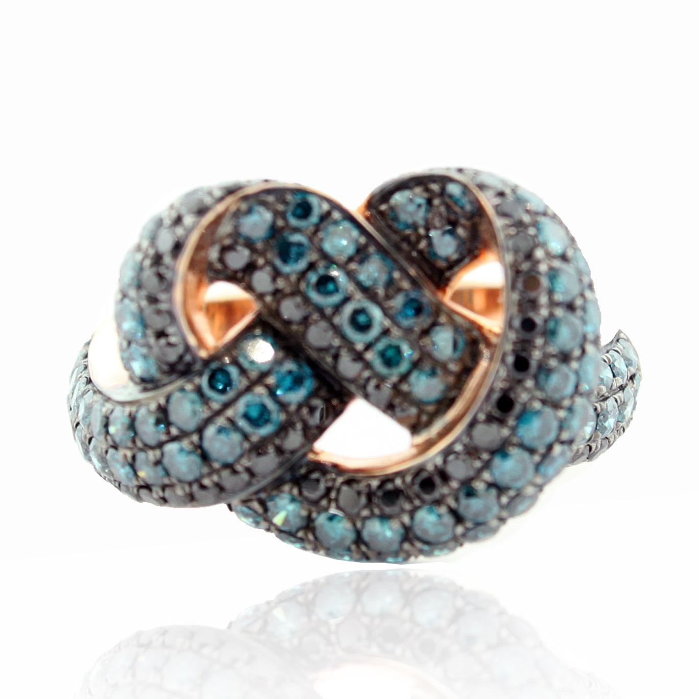 Contemporain Suzy Levian Bague en or rose 14 carats avec diamants ronds bleus et noirs en vente