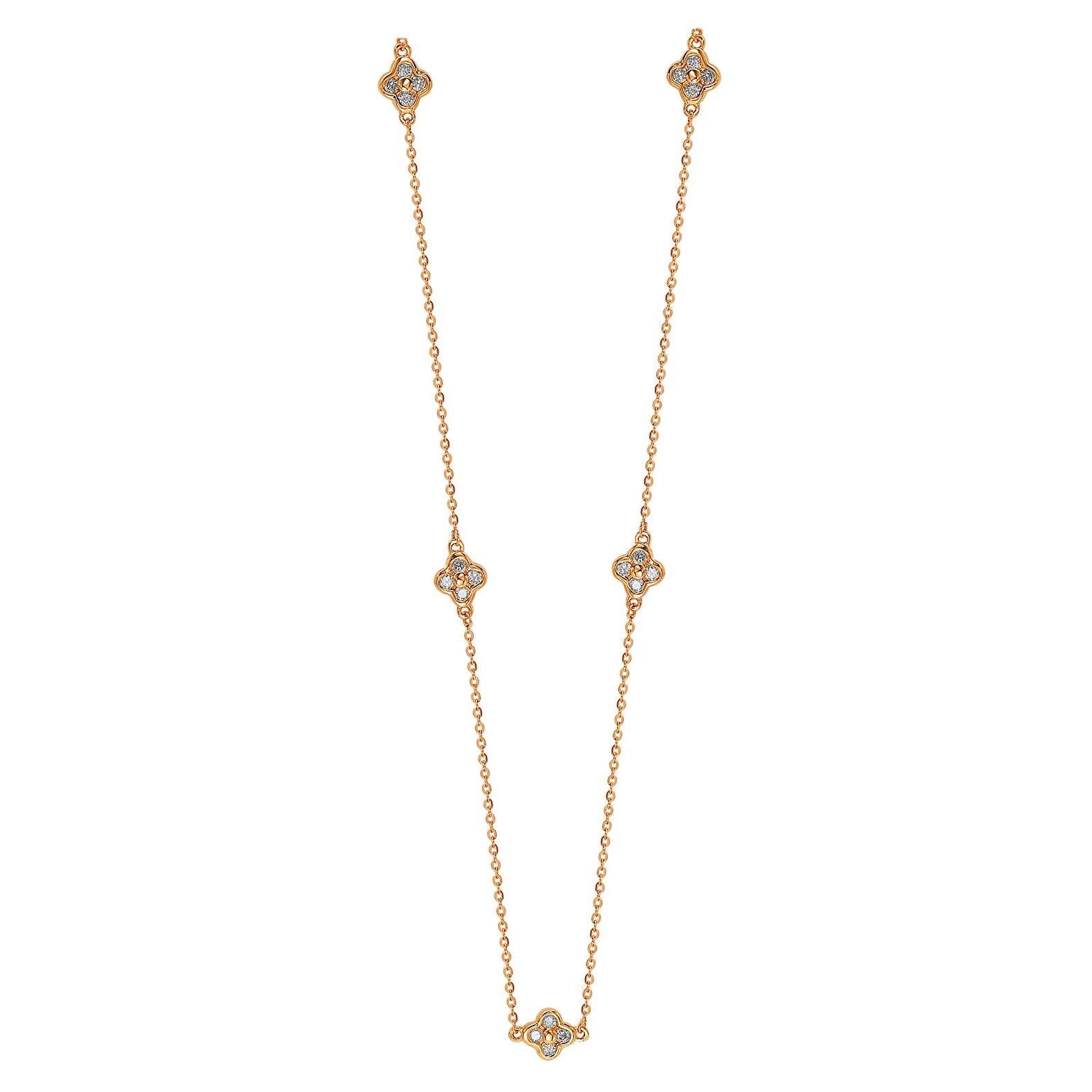 Suzy Levian, Station-Halskette, 14 Karat Roségold, weißer Diamant, 5 Kleeblätter pro Meter
