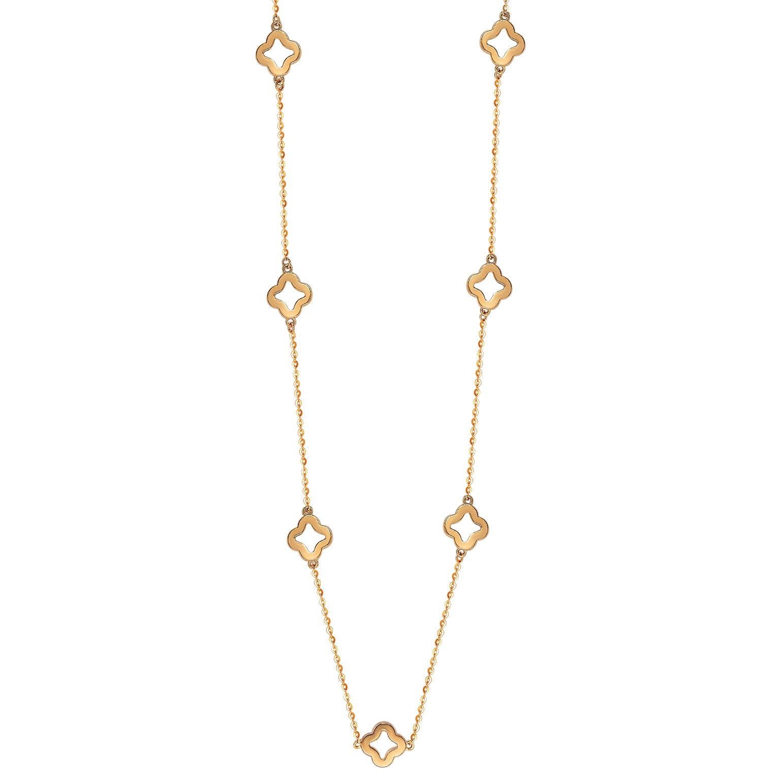 This unique Suzy Levian diamond open clover by the yard necklace displays round-cut diamonds on 14 karat rose gold setting. This gorgeous necklace contains 126, 1 mm white round cut diamonds totaling .63 cttw. The necklace has 7 clovers, each clover