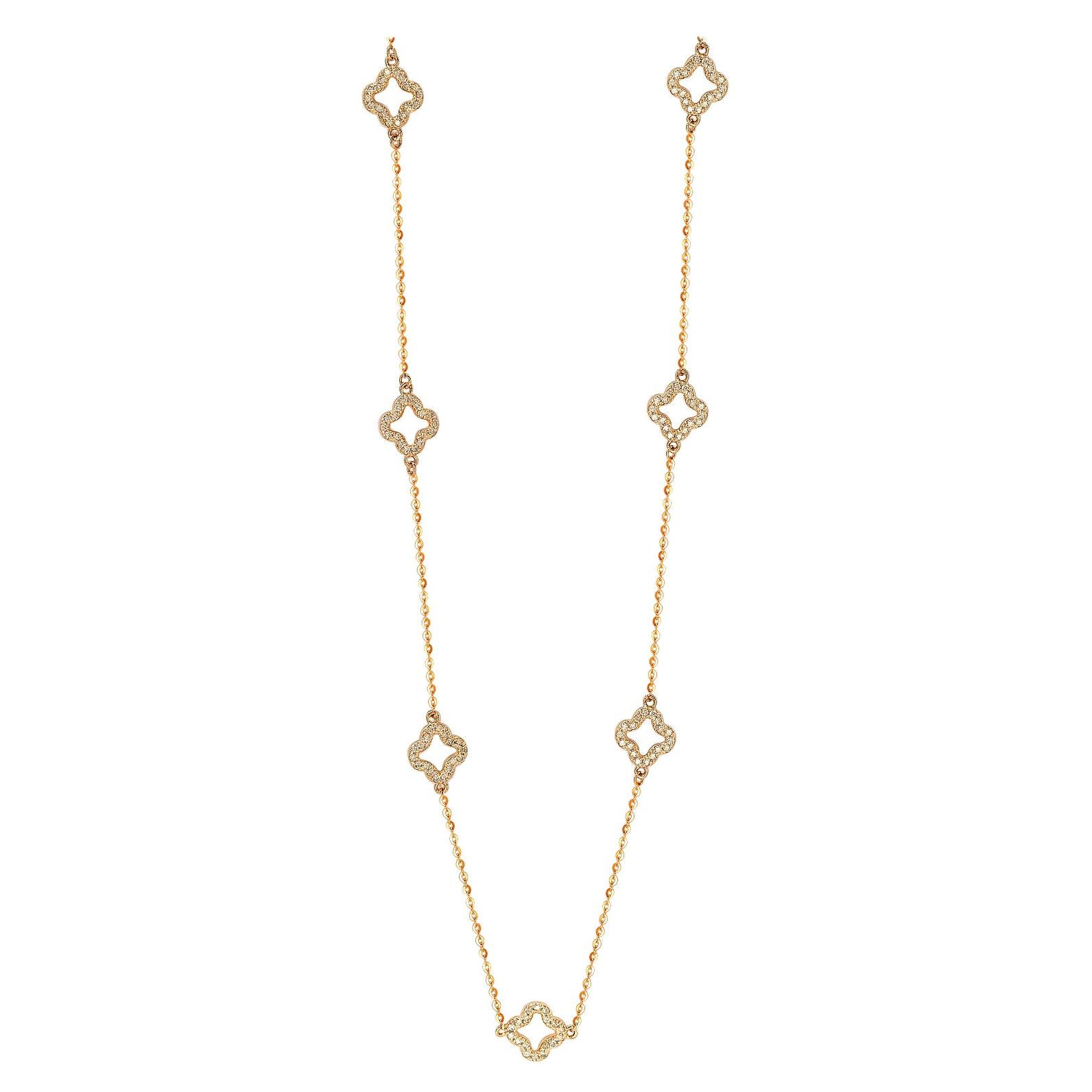 Suzy Levian 14k Halskette, 14k Roségold, weißer Diamant, 7 Kleeblatt pro Meter