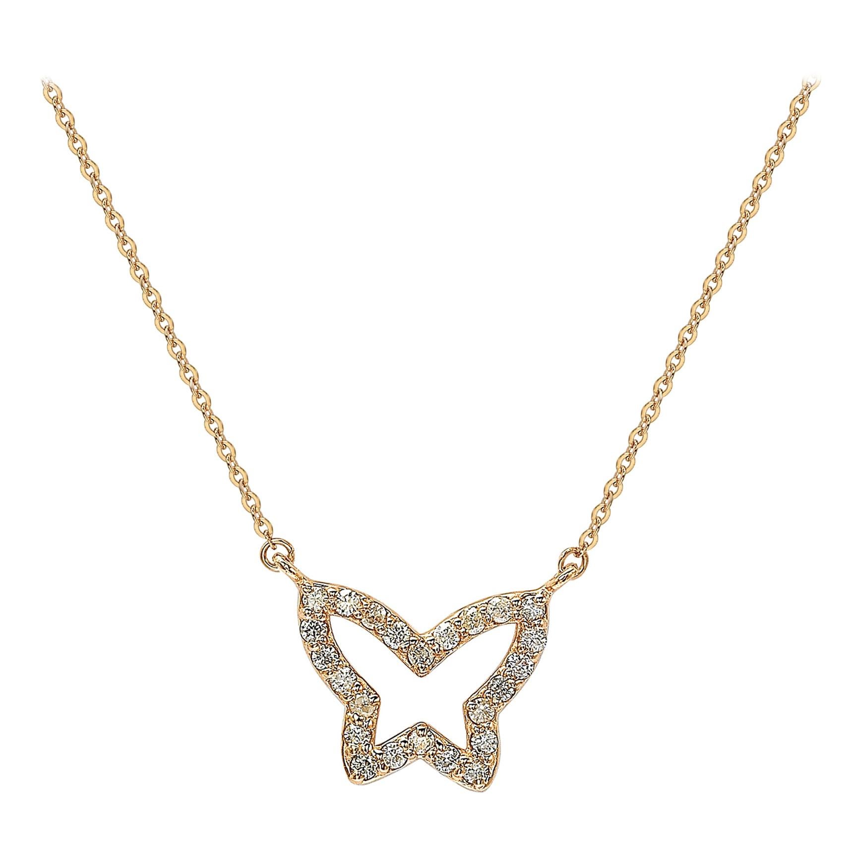 Suzy Levian 14k Rose Gold White Diamond Butterfly Necklace For Sale