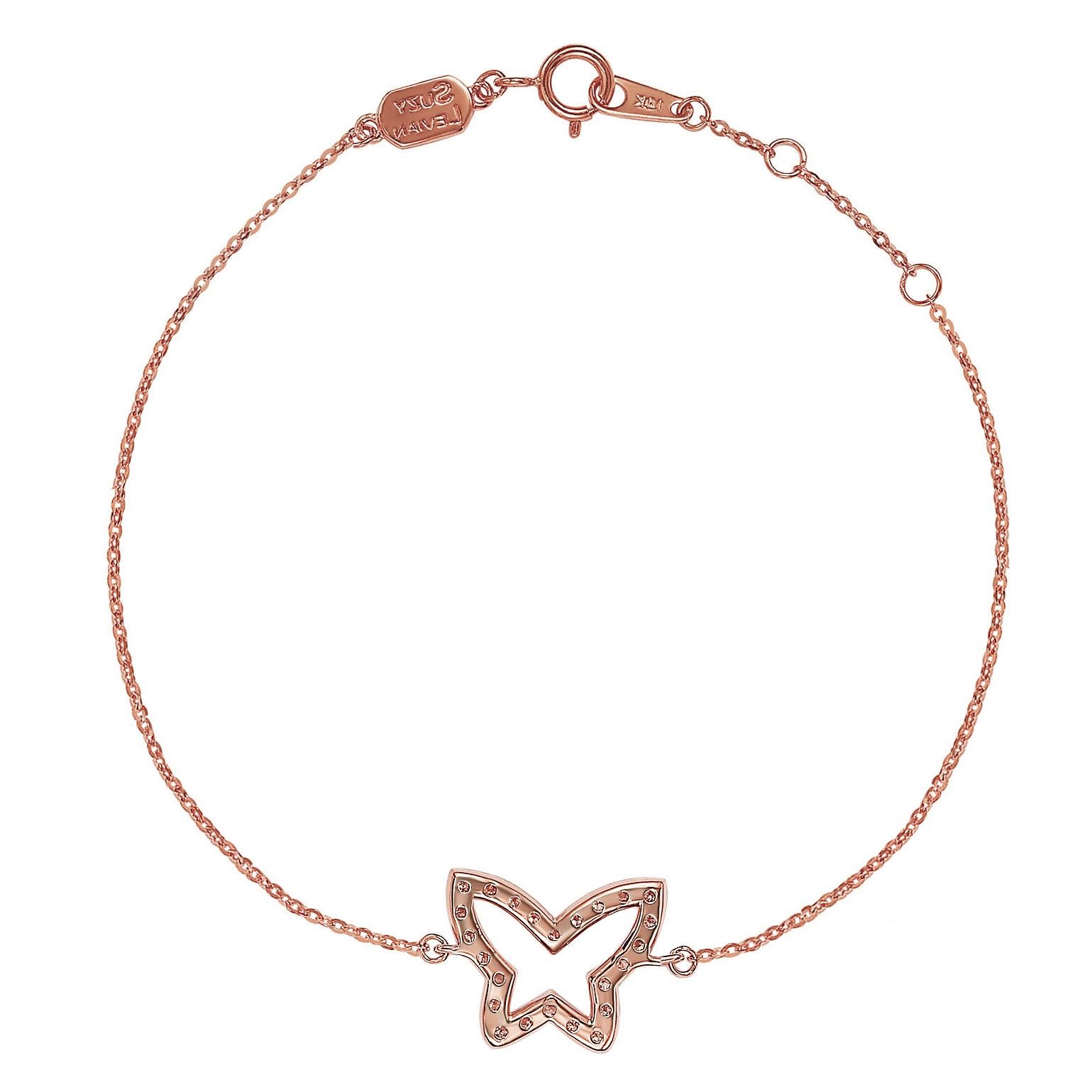 This elegant Suzy Levian butterfly solitaire bracelet features 24 diamonds, which are 1.4 mm size totals .30 cttw, all set in 14K rose gold setting. Each diamond butterfly is attached to a chain that is secured with a spring ring closure with a