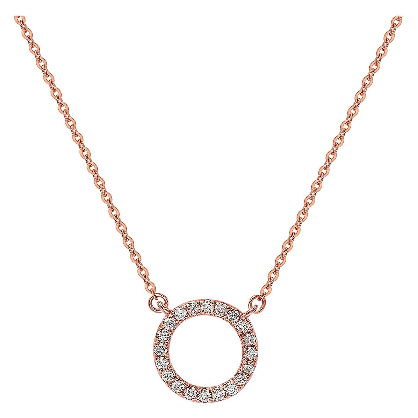 Suzy Levian 14k Rose Gold White Diamond Circle Necklace For Sale