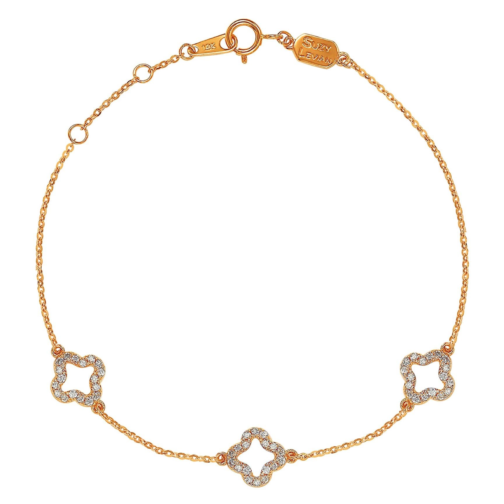 Suzy Levian 14K Rose Gold White Diamond Clover by the Yard Station Bracelet For Sale