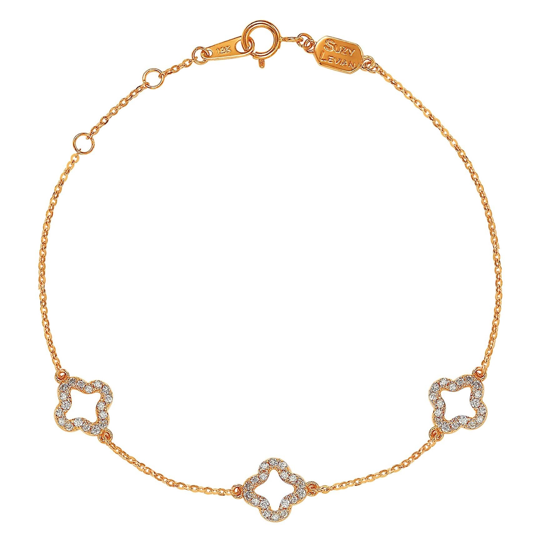 Suzy Levian 14K Roségold Weißes Diamant Kleeblatt by the Yard Station Armband