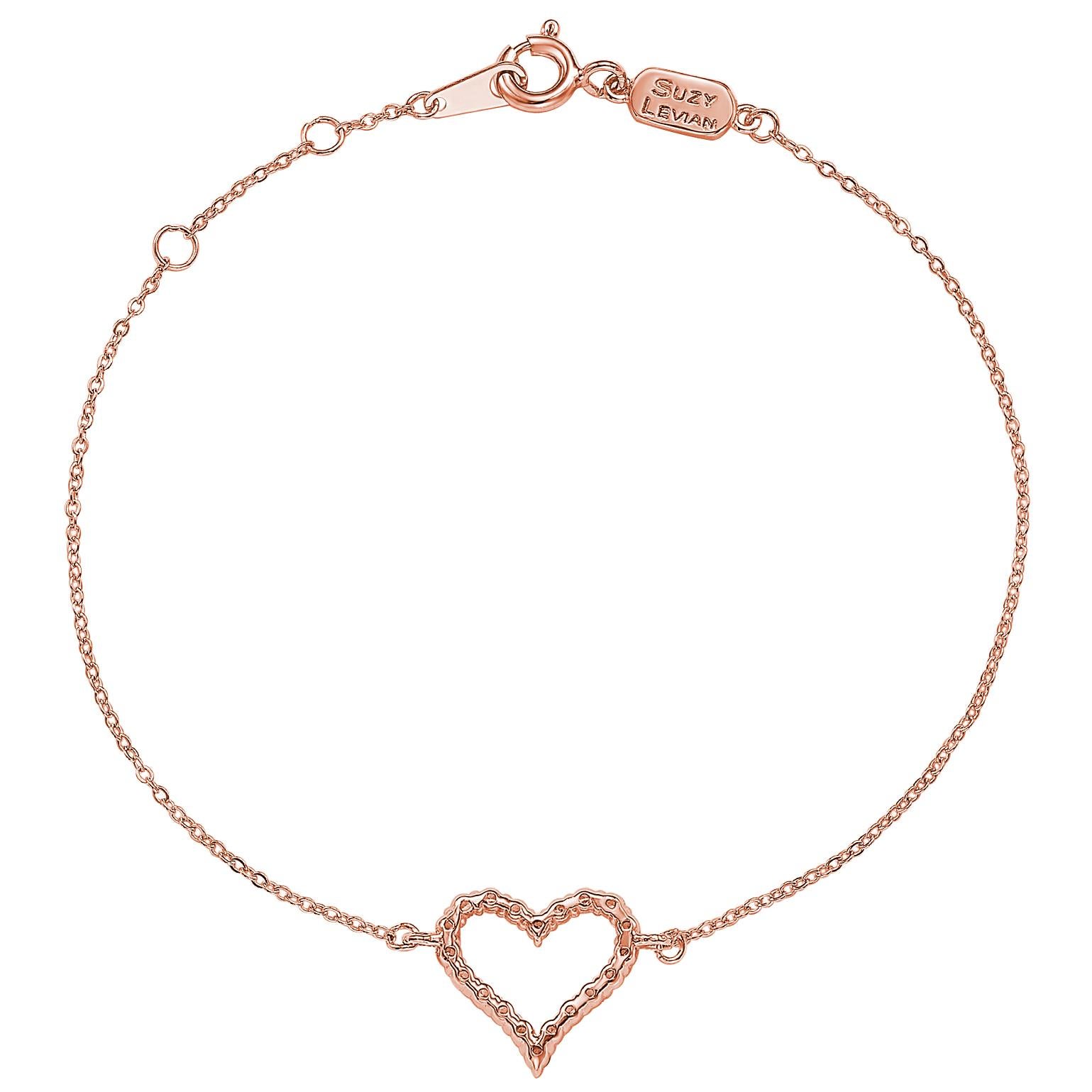 This elegant Suzy Levian heart solitaire bracelet features 19 diamonds, which are 1.4 mm size totals .24 cttw, all set in 14K rose gold setting. Each diamond heart is attached to a chain that is secured with a spring ring closure with a white gold