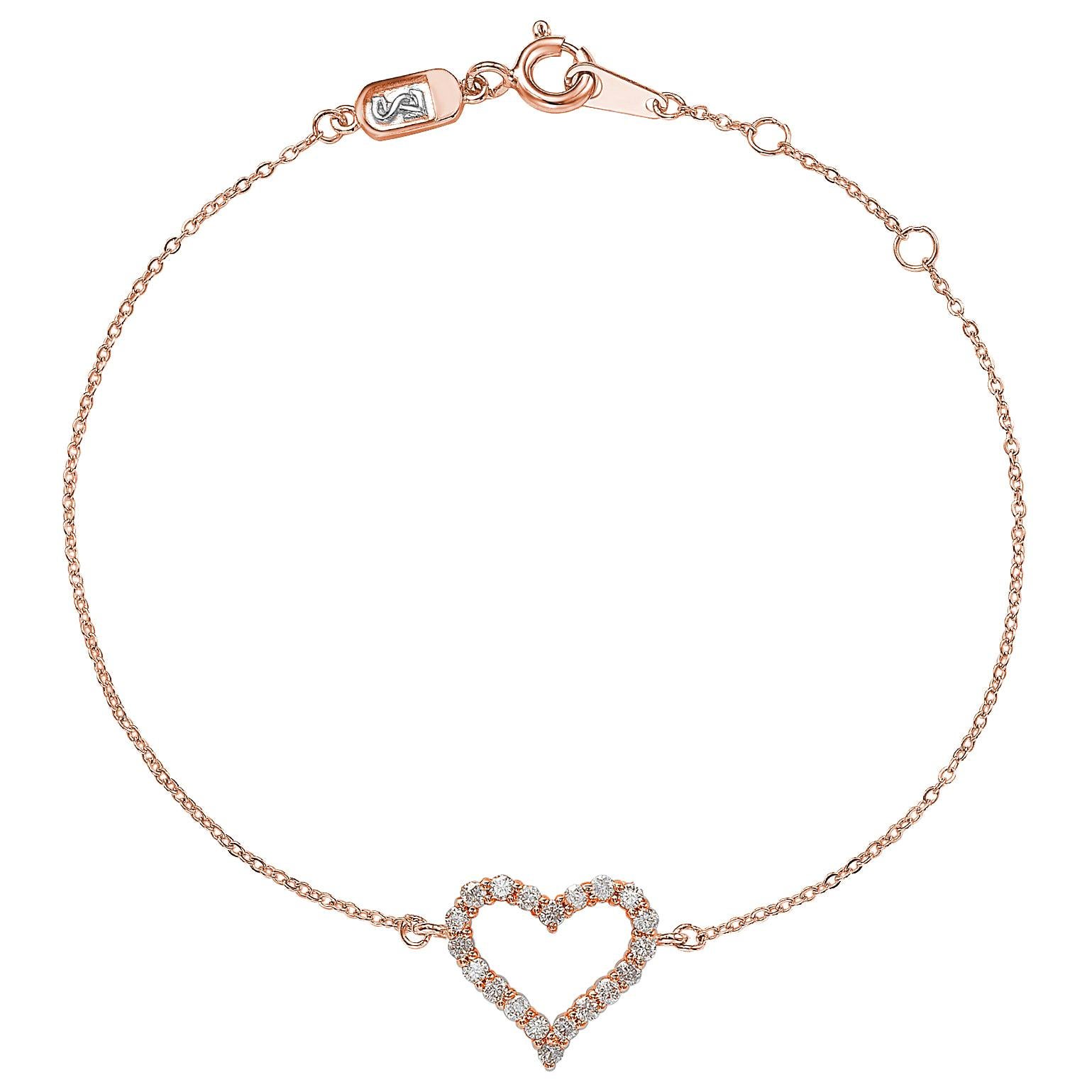 Suzy Levian 0.24 Carat Diamond 14K Rose Gold Heart Solitaire Chain Bracelet For Sale