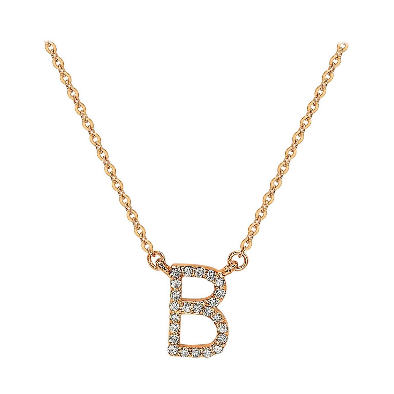 Suzy Levian 14k Rose Gold White Diamond Letter Initial Necklace, B For Sale