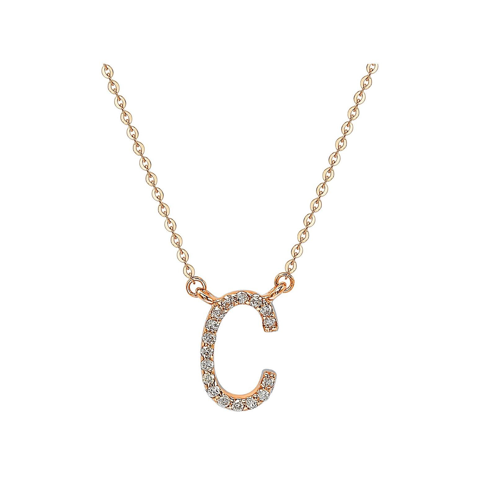Suzy Levian 14k Rose Gold White Diamond Letter Initial Necklace, C For Sale