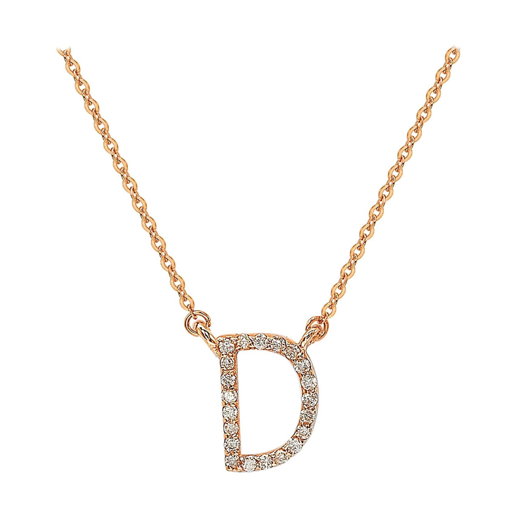 Suzy Levian 14k Rose Gold White Diamond Letter Initial Necklace, D For Sale