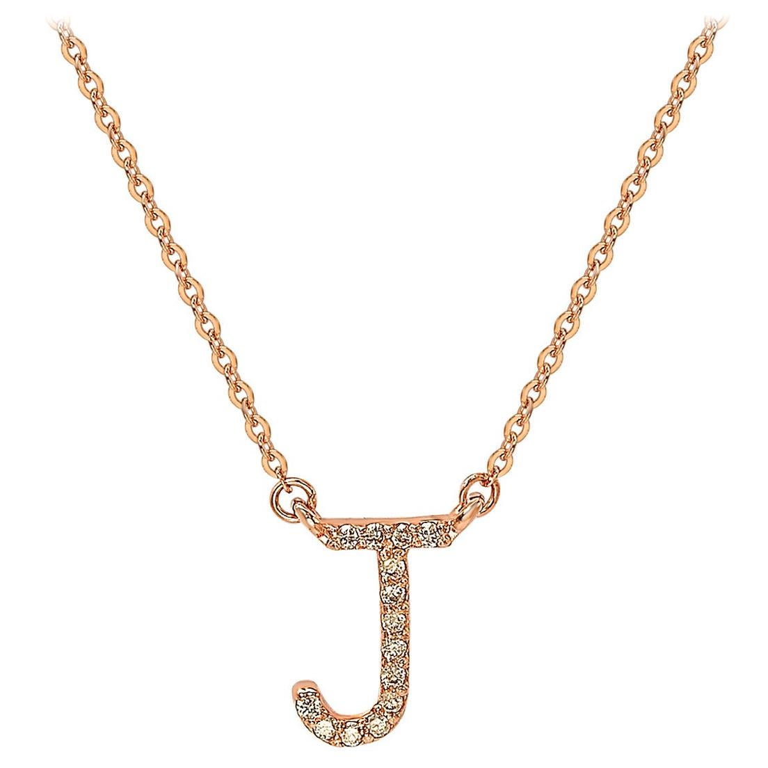 Suzy Levian 0.10 Carat White Diamond 14k Rose Gold Letter Initial Necklace, J For Sale