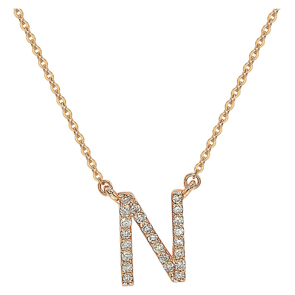 Suzy Levian 0.10 Carat White Diamond 14K Rose Gold Letter Initial Necklace, N For Sale
