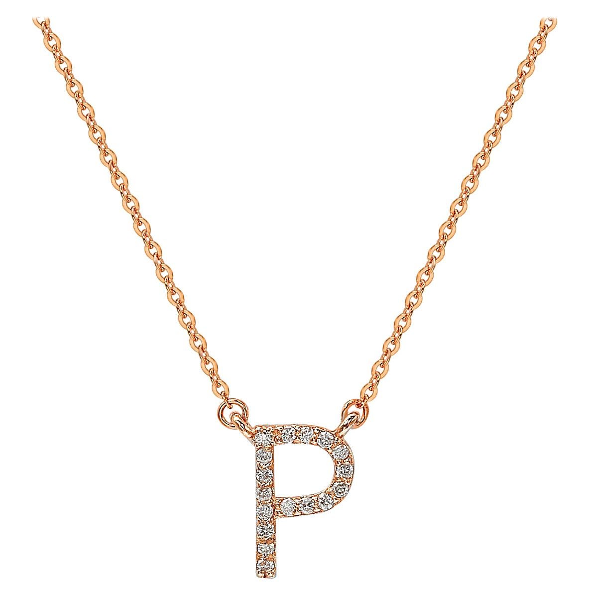  Suzy Levian 0.10 Carat White Diamond 14K Rose Gold Letter Initial Necklace, P For Sale