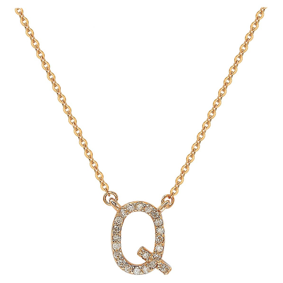 Suzy Levian 0.10 Carat White Diamond 14K Rose Gold Letter Initial Necklace, Q For Sale