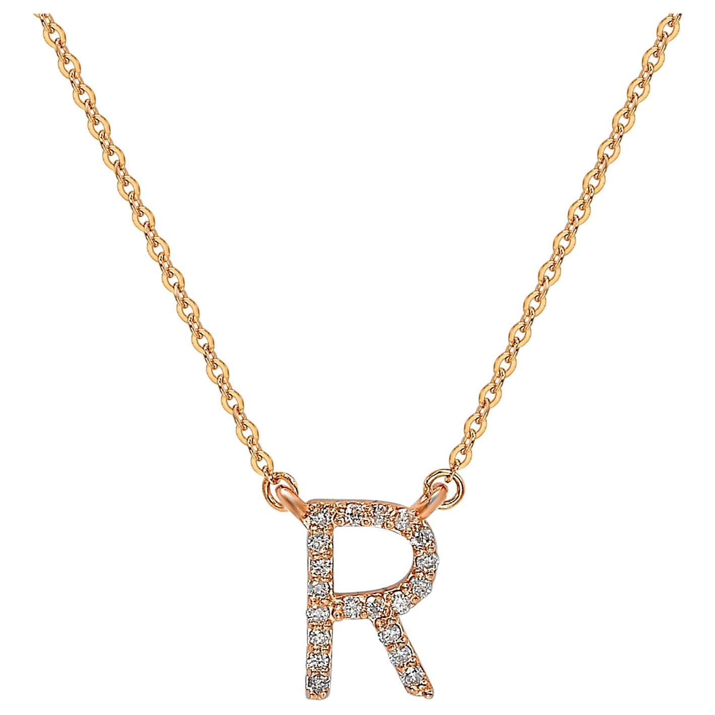 Suzy Levian 0.10 Carat White Diamond 14K Rose Gold Letter Initial Necklace, R For Sale
