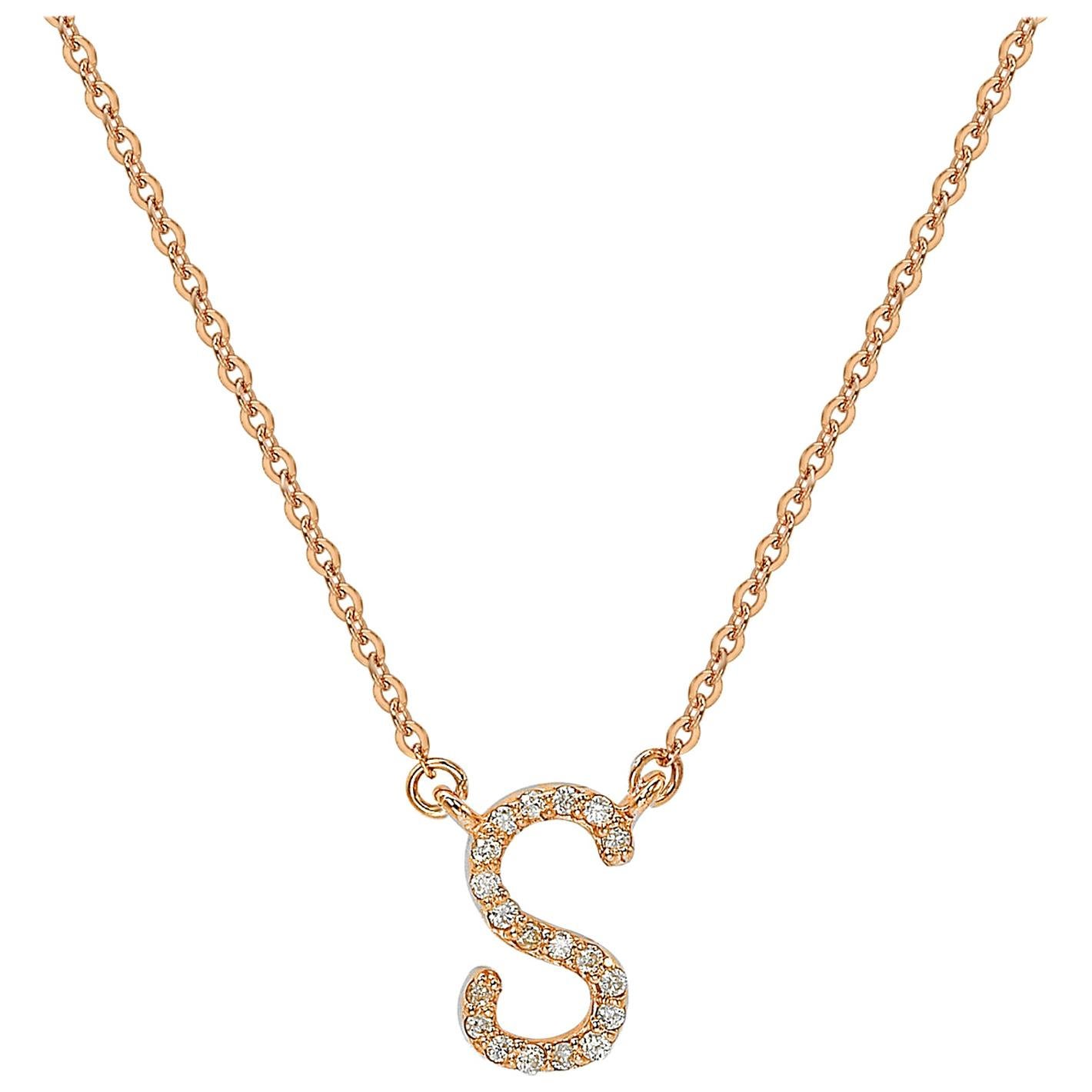 Suzy Levian 0.10 Carat White Diamond 14K Rose Gold Letter Initial Necklace, S