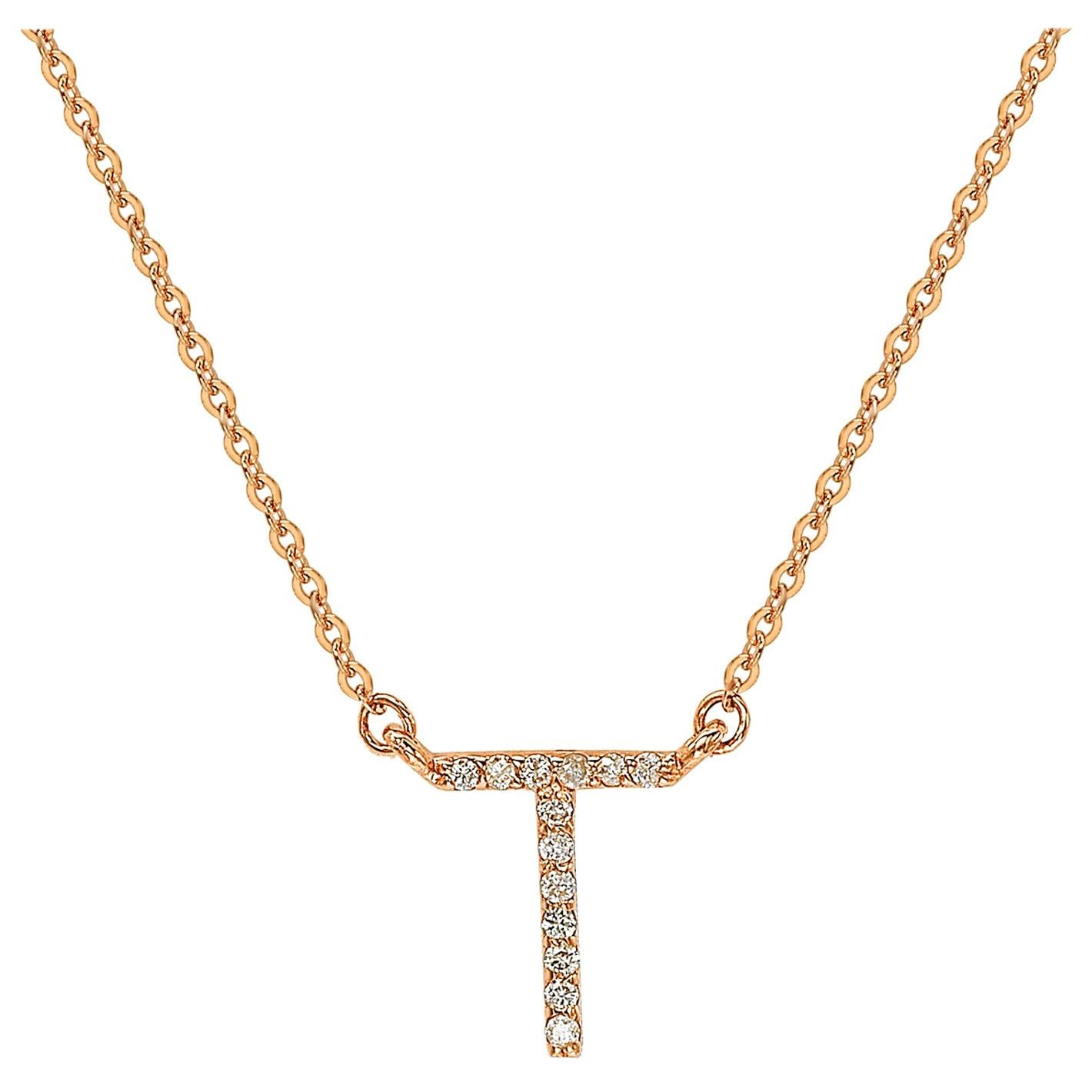 Suzy Levian 0.10 Carat White Diamond 14K Rose Gold Letter Initial Necklace, T For Sale