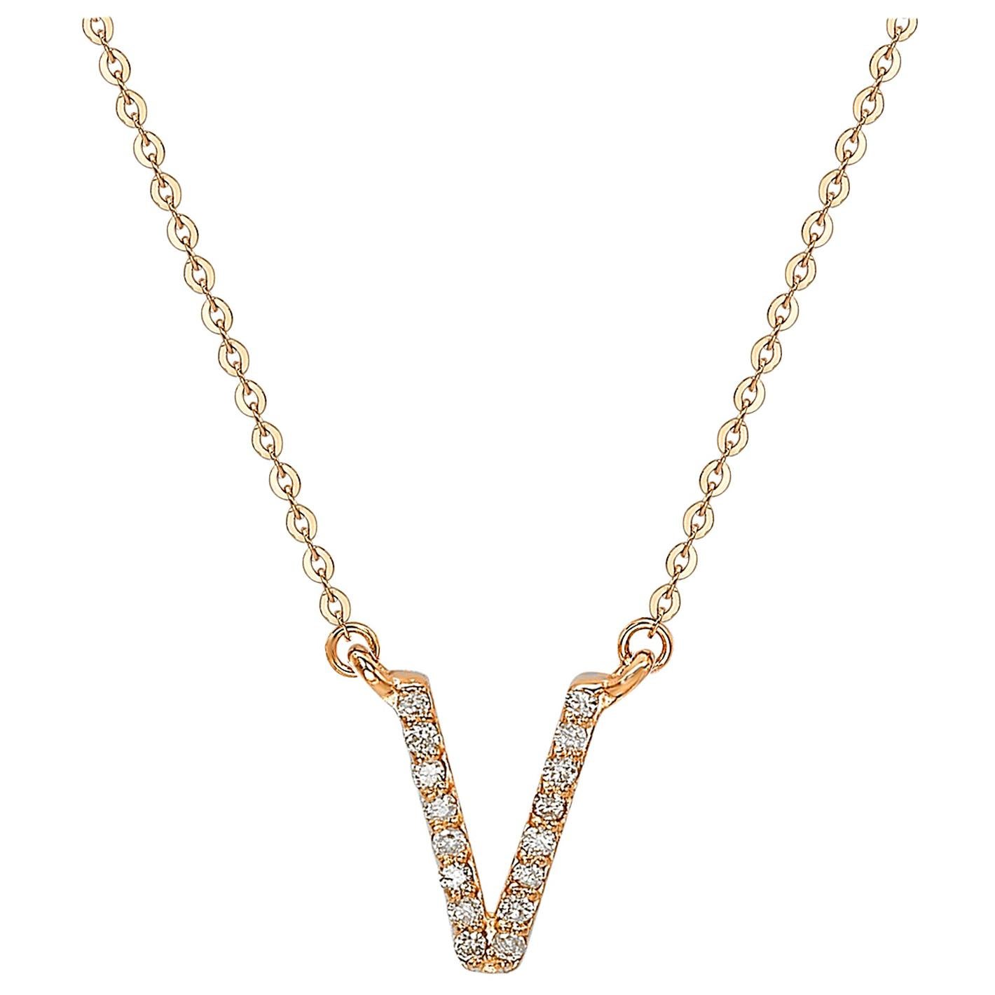 Suzy Levian 0.10 Carat White Diamond 14K Rose Gold Letter Initial Necklace, V For Sale