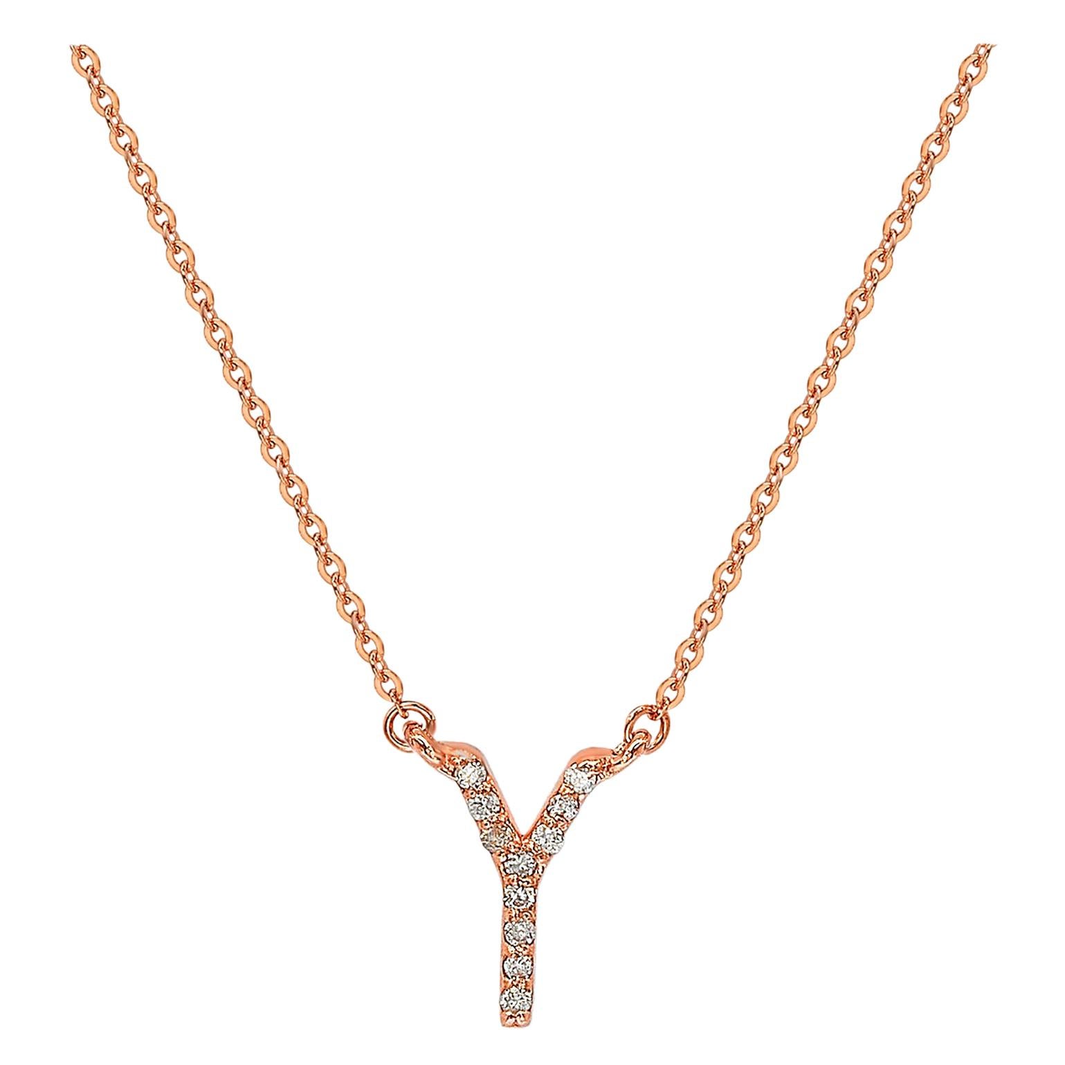 Suzy Levian 0.10 Carat White Diamond 14K Rose Gold Letter Initial Necklace, Y For Sale