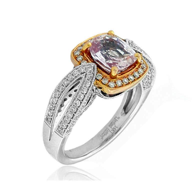 Contemporary Suzy Levian 14 Karat Two-Tone Gold White Diamond and Cushion-Cut Morganite Ring For Sale