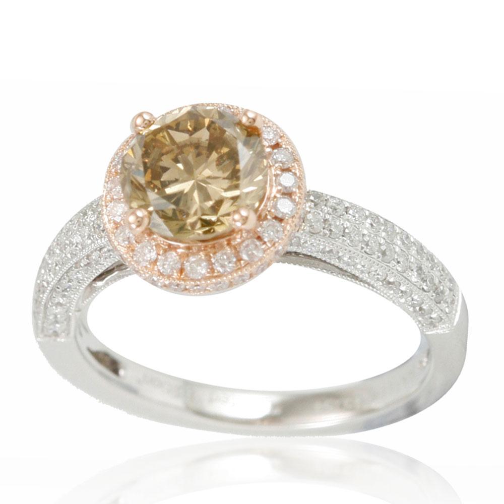 Contemporary Suzy Levian 14 Karat Two-Tone White or Rose Gold and Brown Diamond Halo Ring