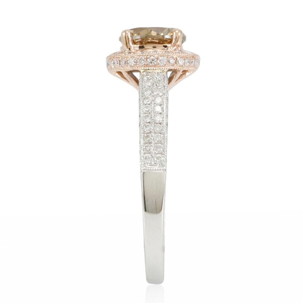 Round Cut Suzy Levian 14 Karat Two-Tone White or Rose Gold and Brown Diamond Halo Ring