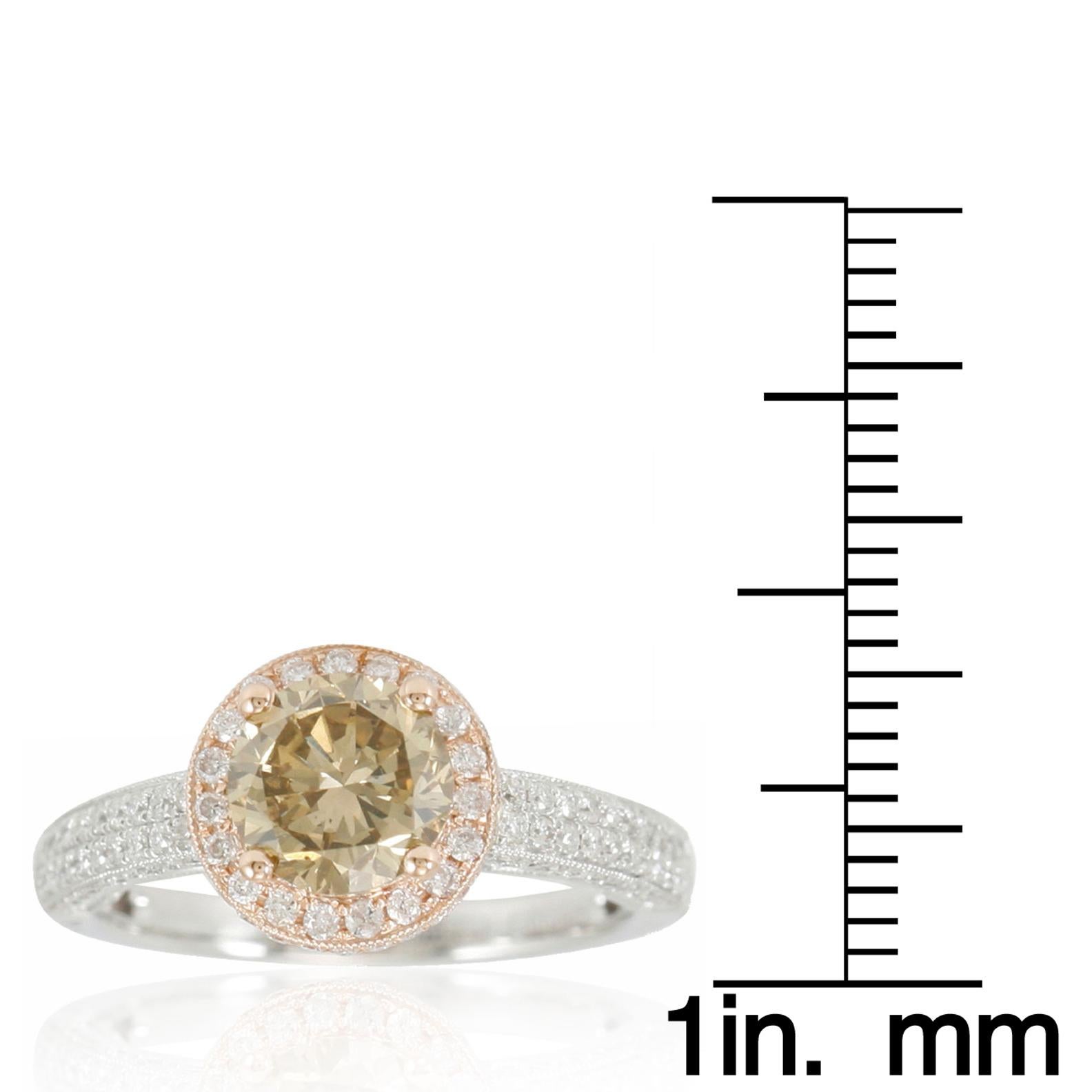 Suzy Levian 14 Karat Two-Tone White or Rose Gold and Brown Diamond Halo Ring In New Condition In Great Neck, NY