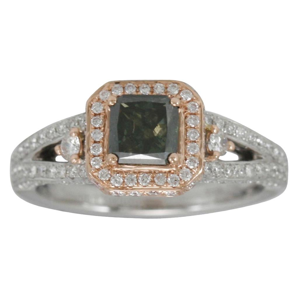 Suzy Levian 14K Two-Tone White & Rose Gold Ascher Cut Green & White Diamond Ring
