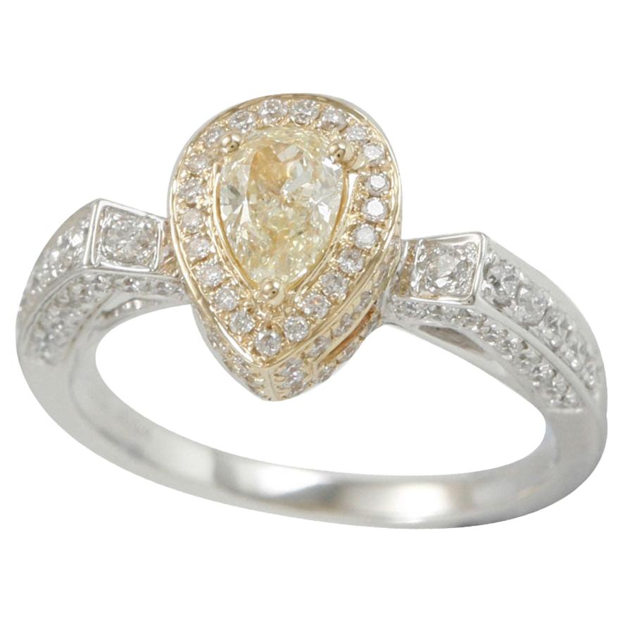 Suzy Levian 14K Two-Tone White & Yellow Gold and Pear Cut Yellow Diamond Ring For Sale