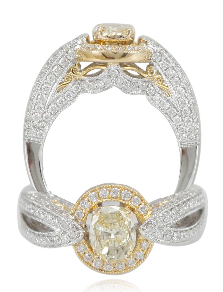 Round Cut Suzy Levian 14K Two-Tone White & Yellow Gold Oval Yellow & White Diamond Ring