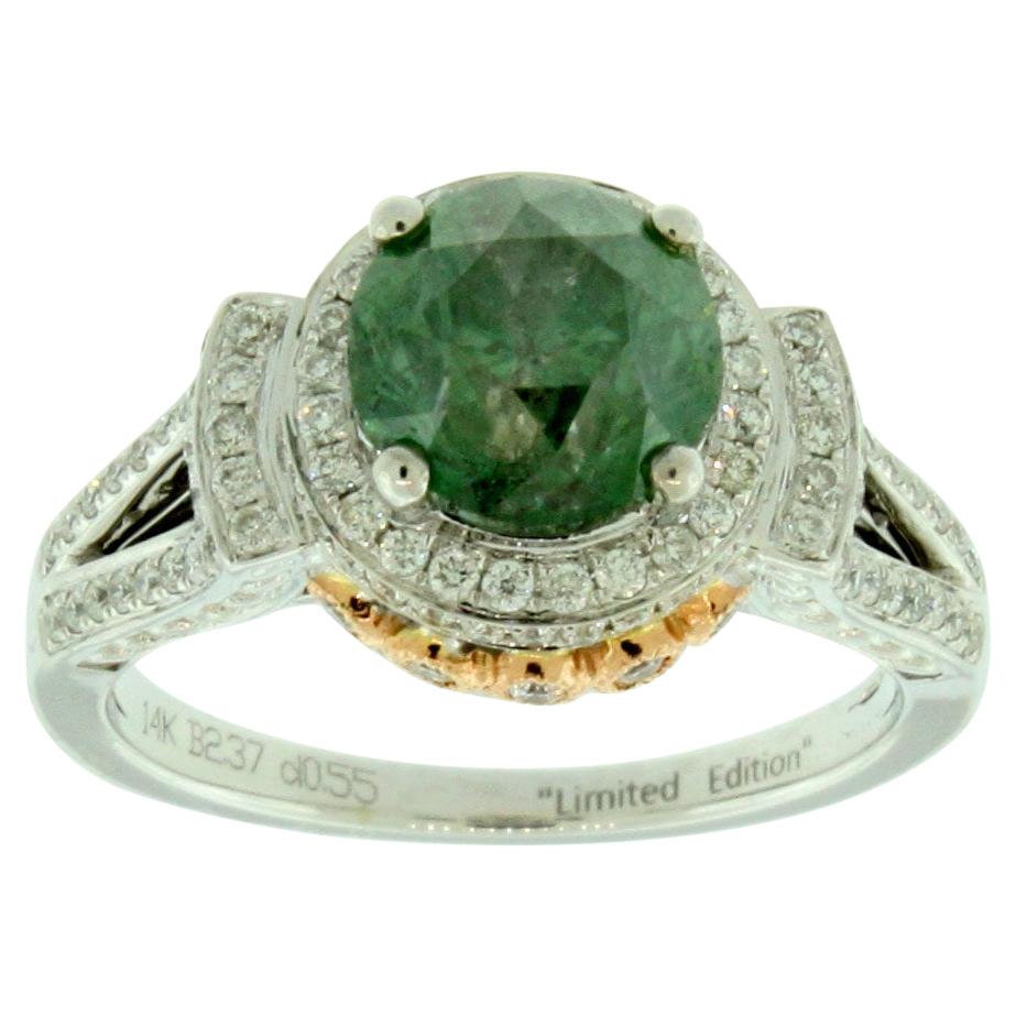 Ring von Suzy Levian, 14 Karat zweifarbiges Weiß- und Gelbgold, runder grüner und weißer Diamant