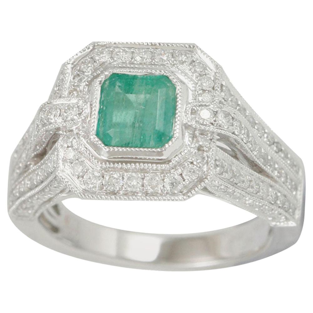 Suzy Levian 14K White Colombian Emerald 1.13ct TDW Diamond Ring 'SI1-SI2, H-I' For Sale