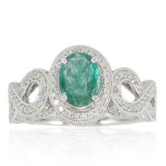 Suzy Levian 14 Karat White Colombian Green Emerald Diamond Ring