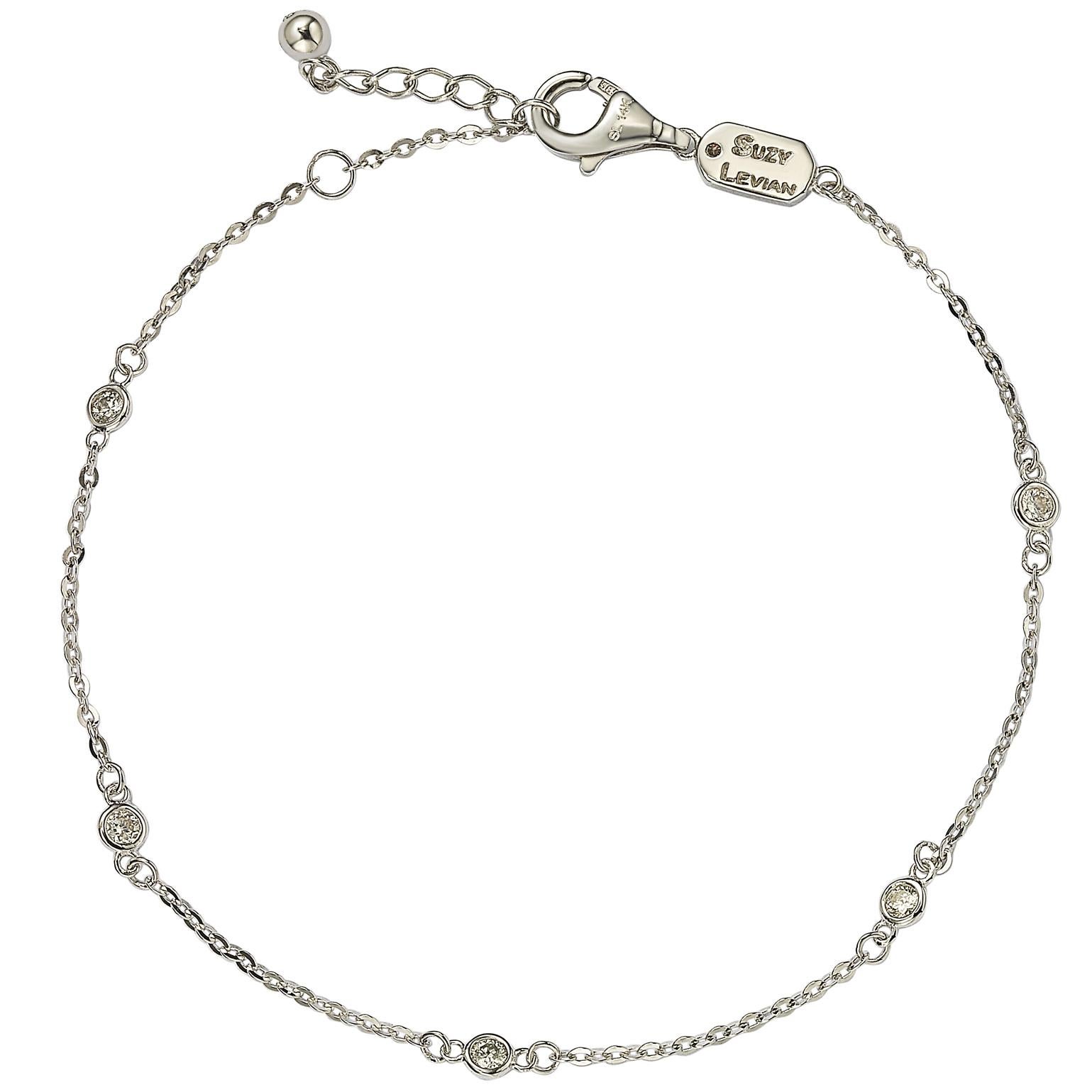 Suzy Levian 14K White Gold 0.15 Carat White Diamond Station Chain Bracelet For Sale