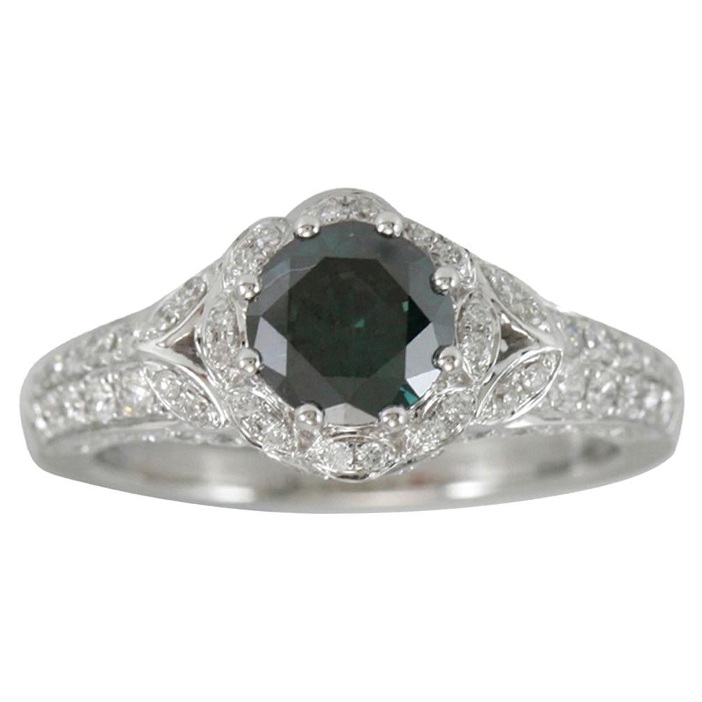 Suzy Levian 14K Weißgold und Olive Runder Grüner Diamant Braut Blume Ring