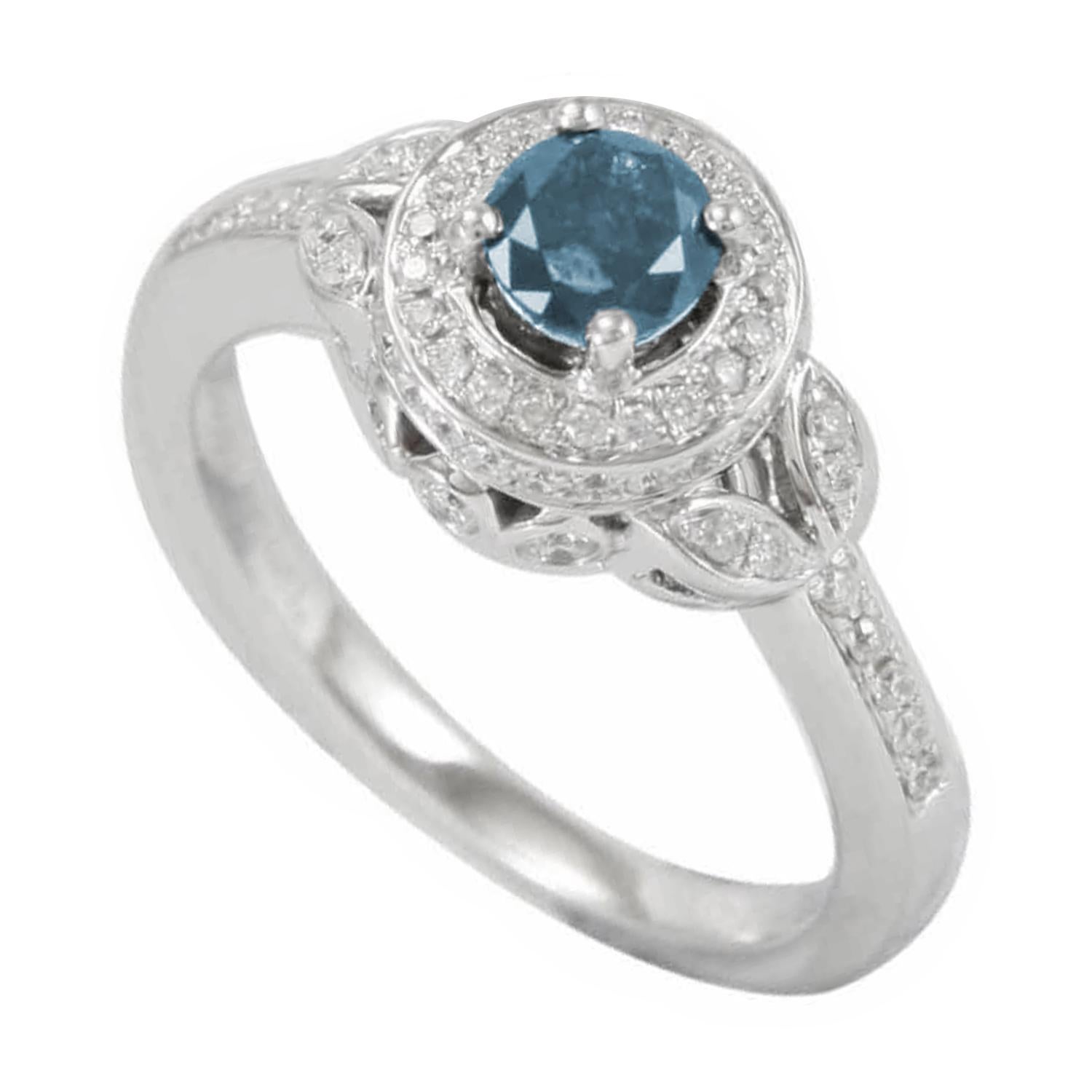 Suzy Levian 14K White Gold and Round Blue White Diamond Bridal Engagement Ring For Sale