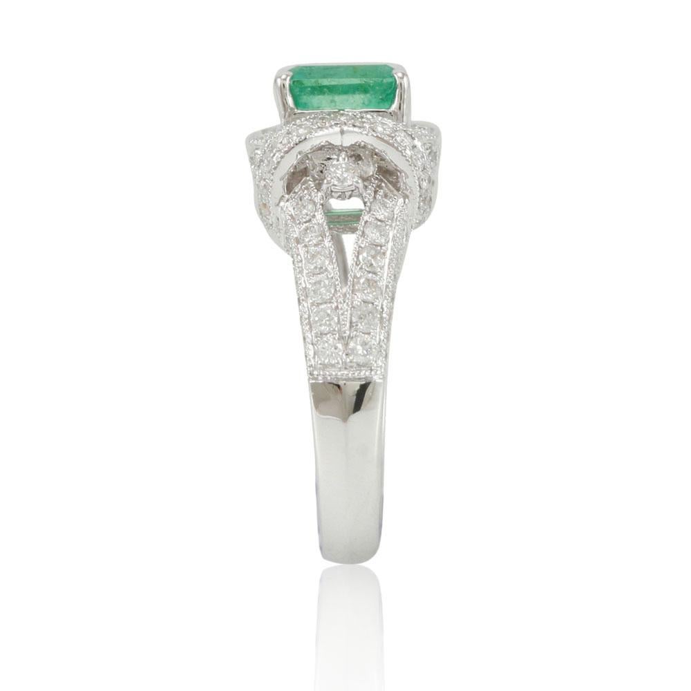 Emerald Cut Suzy Levian 14 Karat White Gold Colombian Emerald Diamond Ring