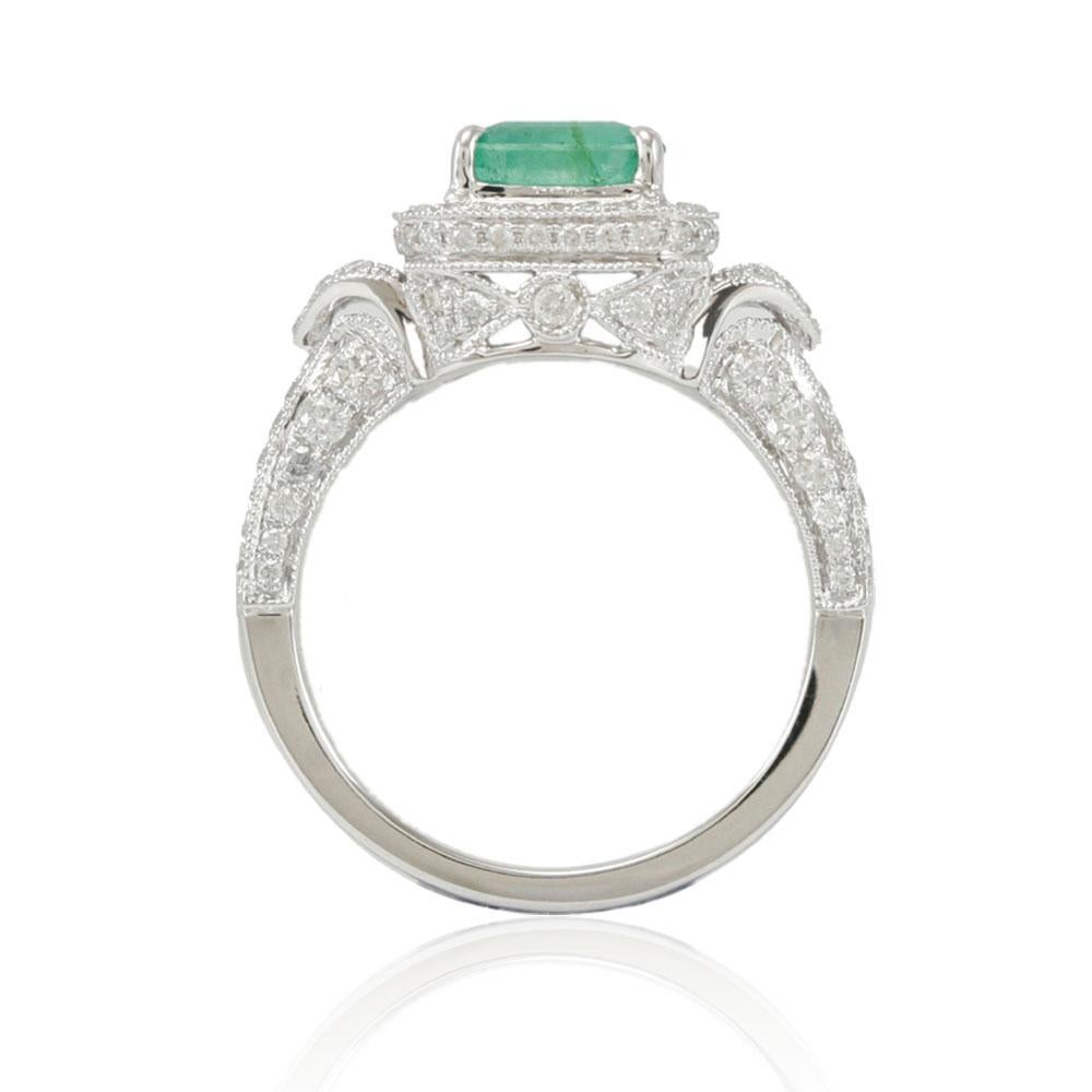 Emerald Cut Suzy Levian 14 Karat White Gold Colombian Emerald Ring For Sale