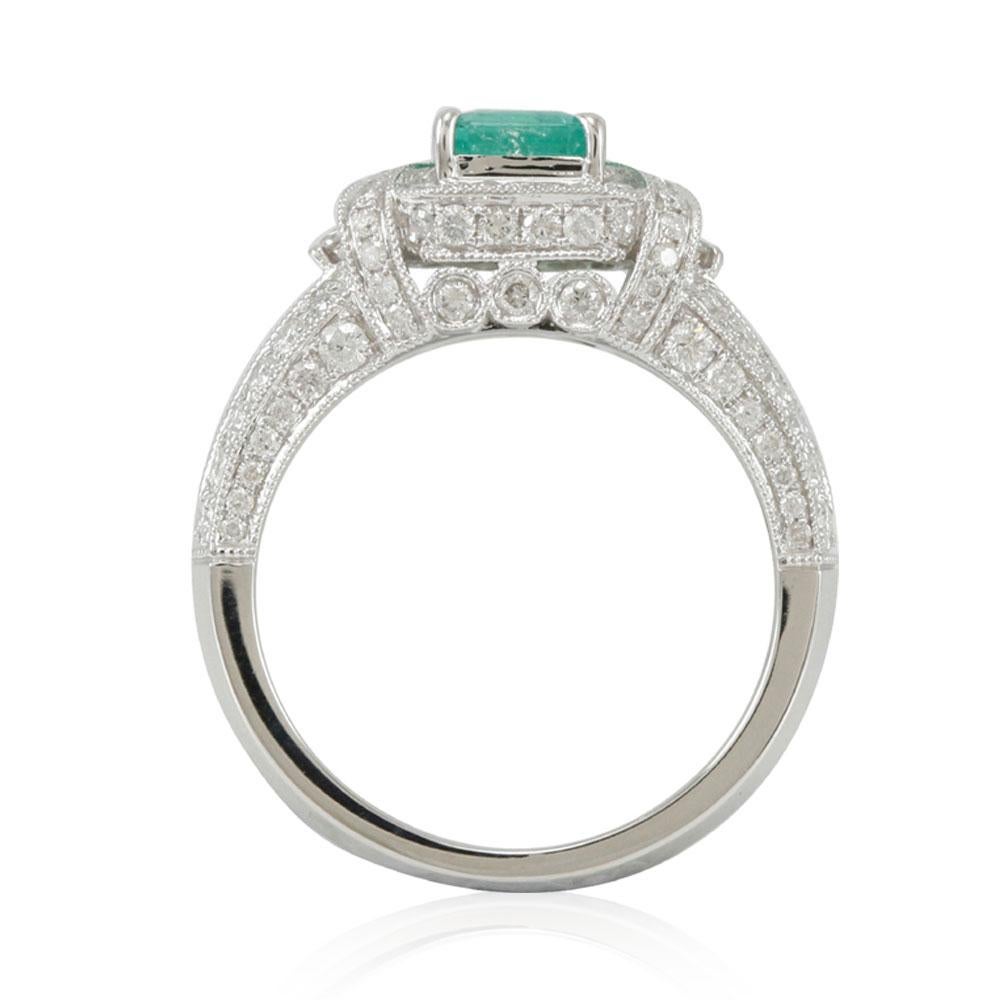 Contemporary Suzy Levian 14K White Gold Colombian Emerald White Diamond Ring For Sale