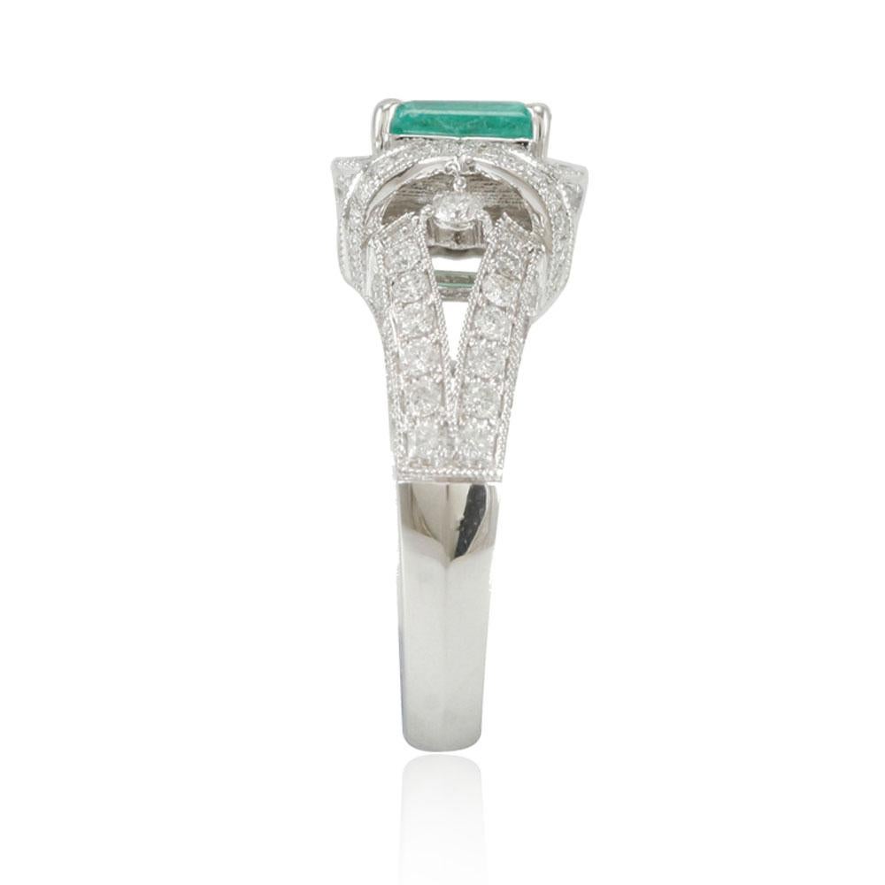 Emerald Cut Suzy Levian 14K White Gold Colombian Emerald White Diamond Ring For Sale