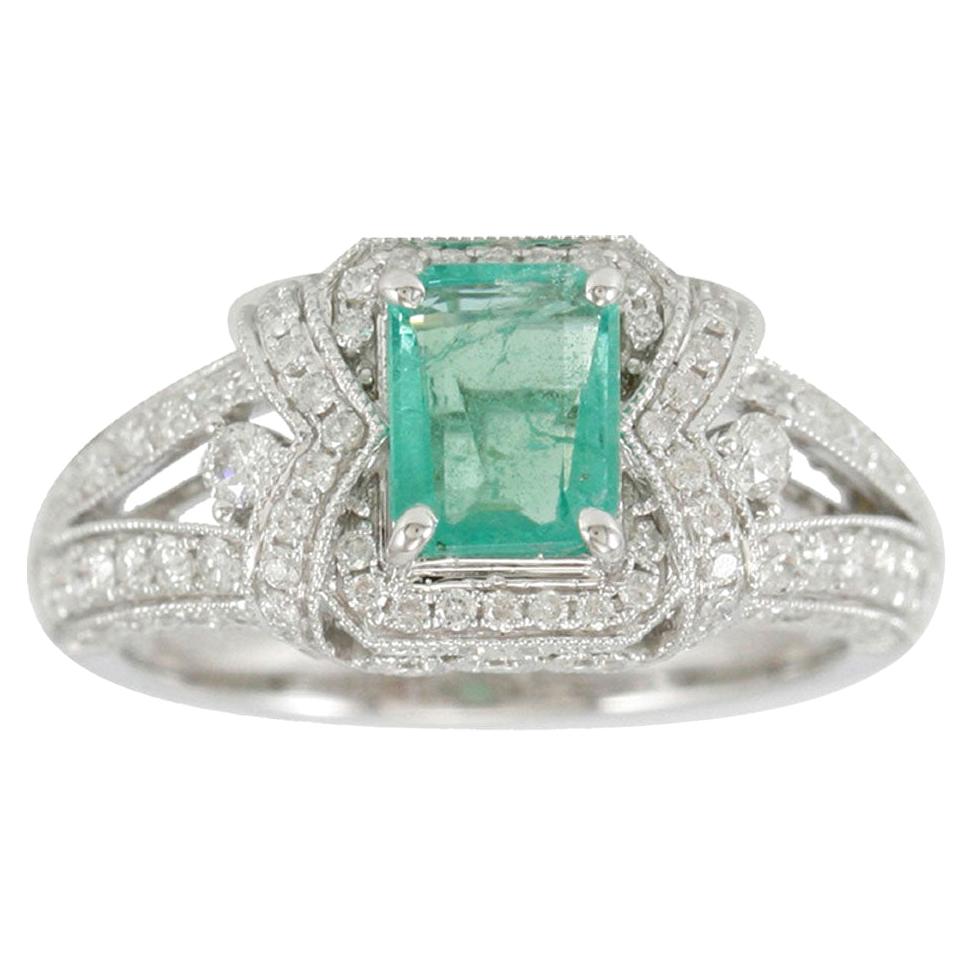 Suzy Levian 14K White Gold Colombian Emerald White Diamond Ring